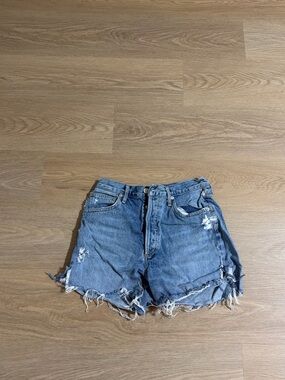 Agolde Distressed Frayed Hem Denim Shorts - Blue
